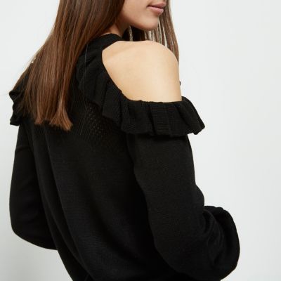 Petite black knit frill cold shoulder top